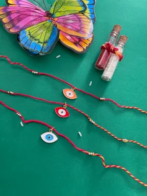 (COMBO of 3) Fancy Evil Eye Rakhi Designs Turkish Charm Multicoloured Mauli Raksha Bandhan