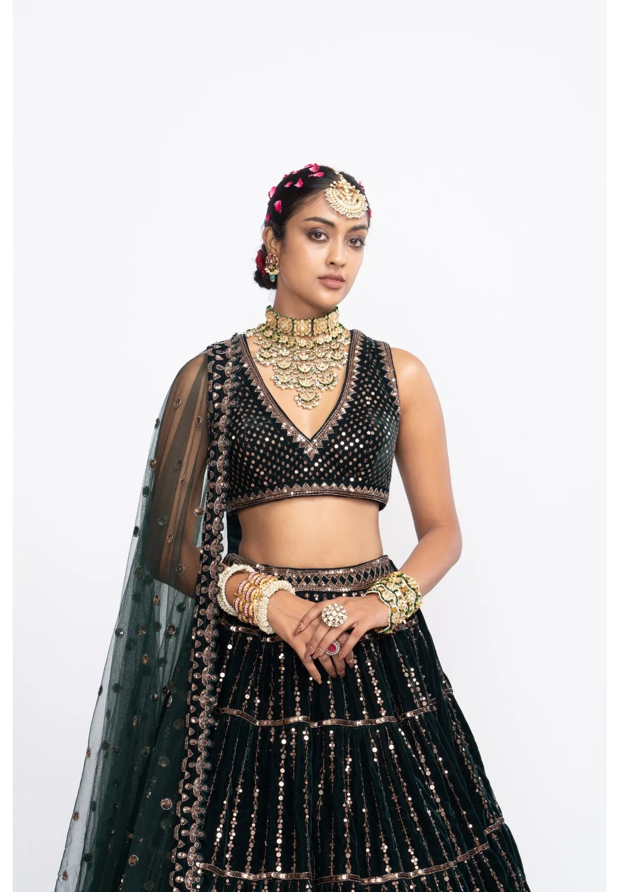 Deep Green Full Tier Lehenga Set
