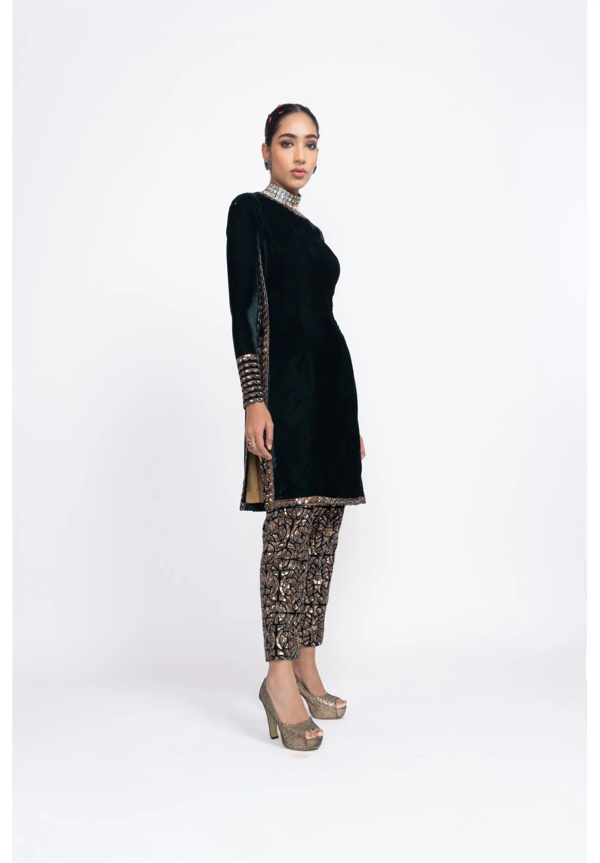 Deep Green Velvet Kurta Set