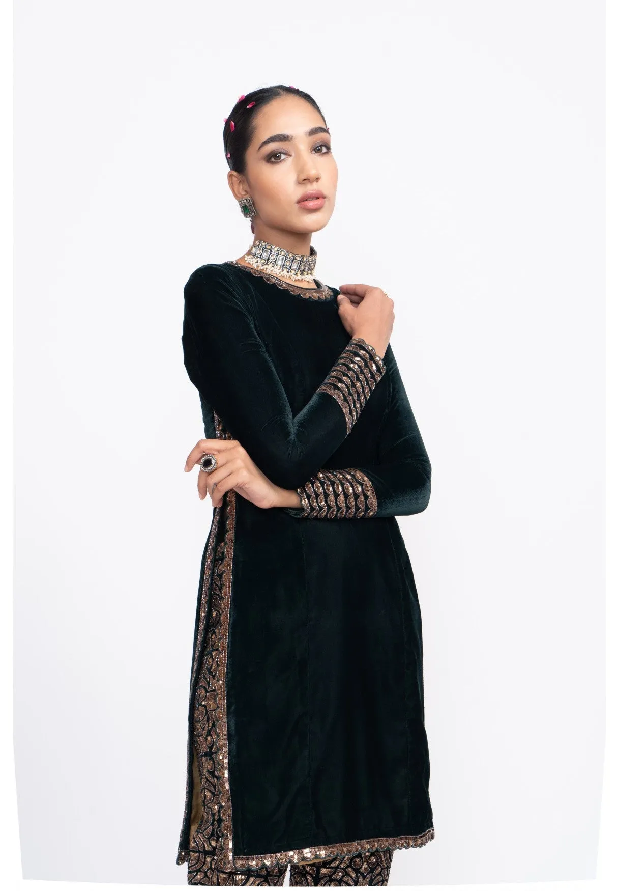 Deep Green Velvet Kurta Set