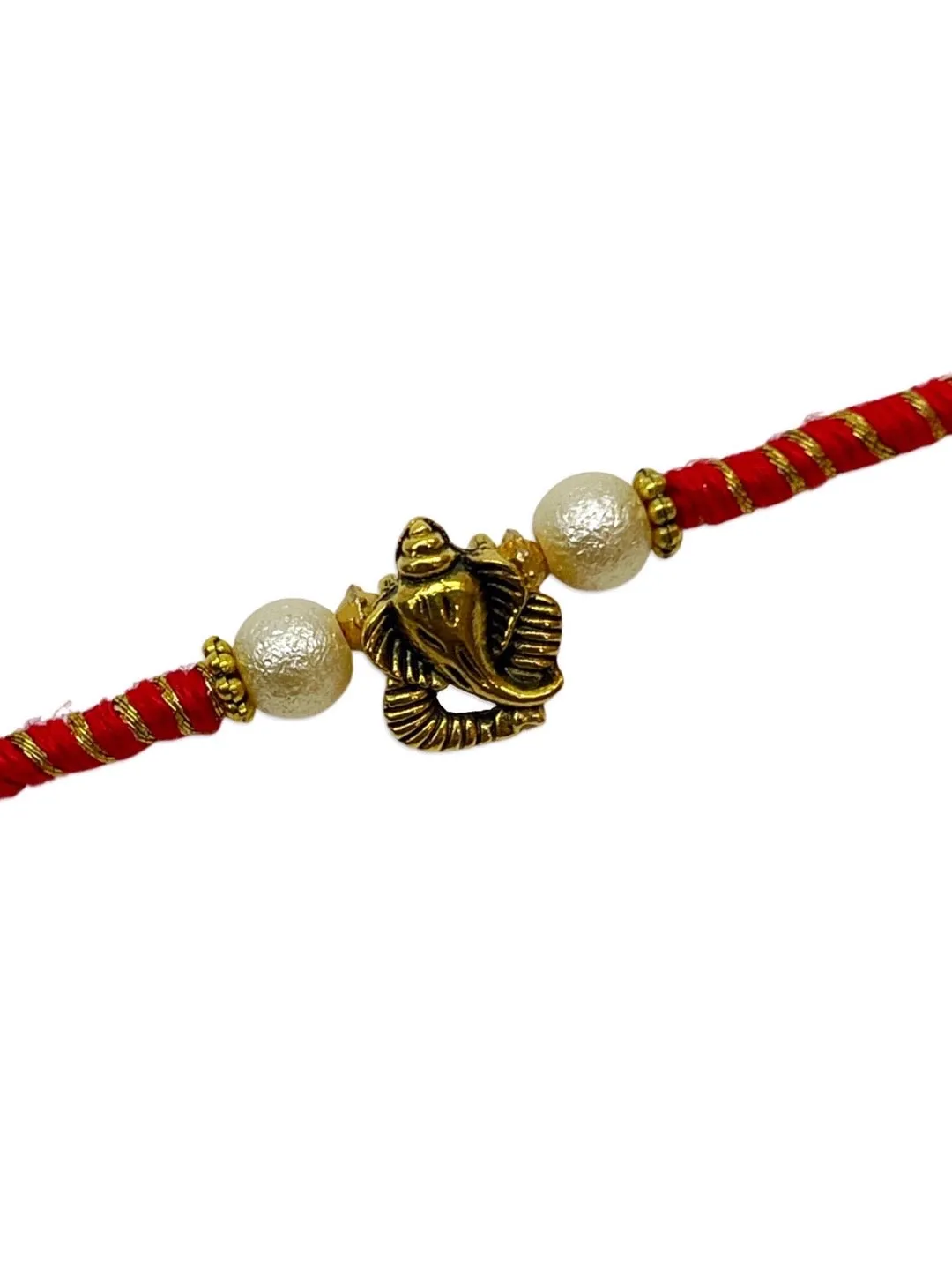 Designer Rakhi Ganesha God Designs With White Pearls Red/Golden Thread Rakhi For Raksha Bandhan