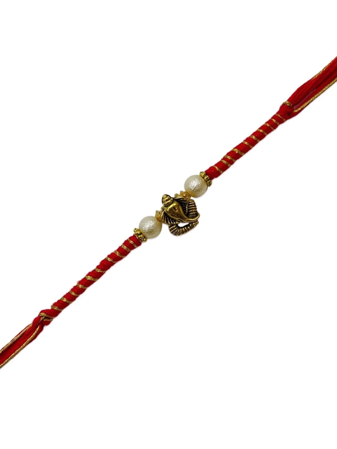 Designer Rakhi Ganesha God Designs With White Pearls Red/Golden Thread Rakhi For Raksha Bandhan