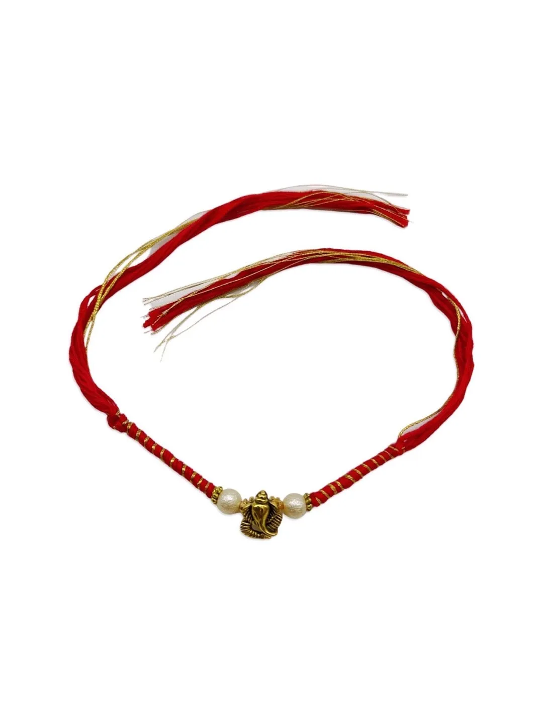 Designer Rakhi Ganesha God Designs With White Pearls Red/Golden Thread Rakhi For Raksha Bandhan