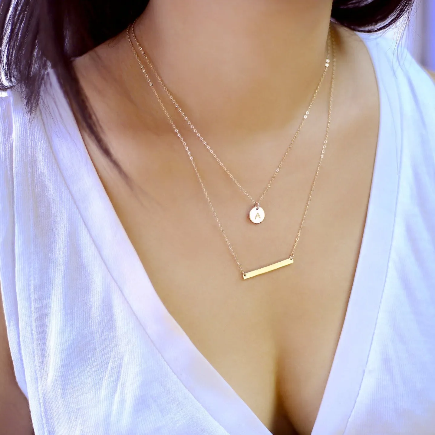 Double Layered Skinny Bar and Small Charm Necklace Set, 0.40" Disc & 1.25" Bar