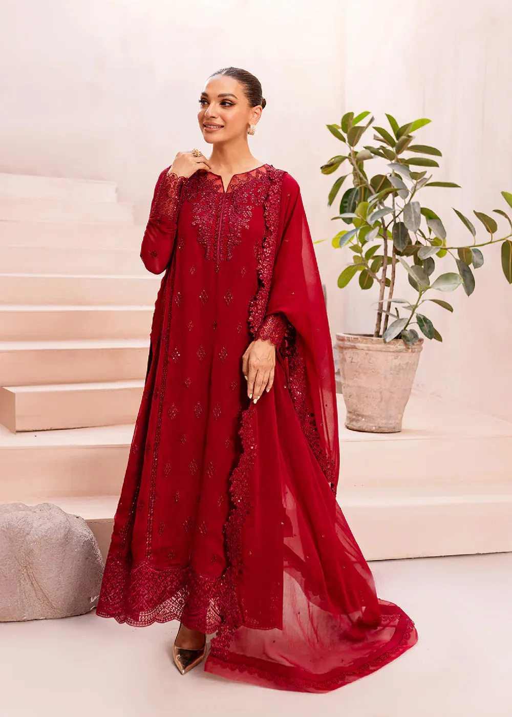 Ensembles By Azure Unstitched 3 Piece Collection 08-Crimson Glow VALENTINE RED