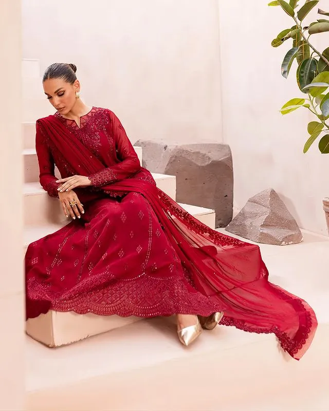 Ensembles By Azure Unstitched 3 Piece Collection 08-Crimson Glow VALENTINE RED