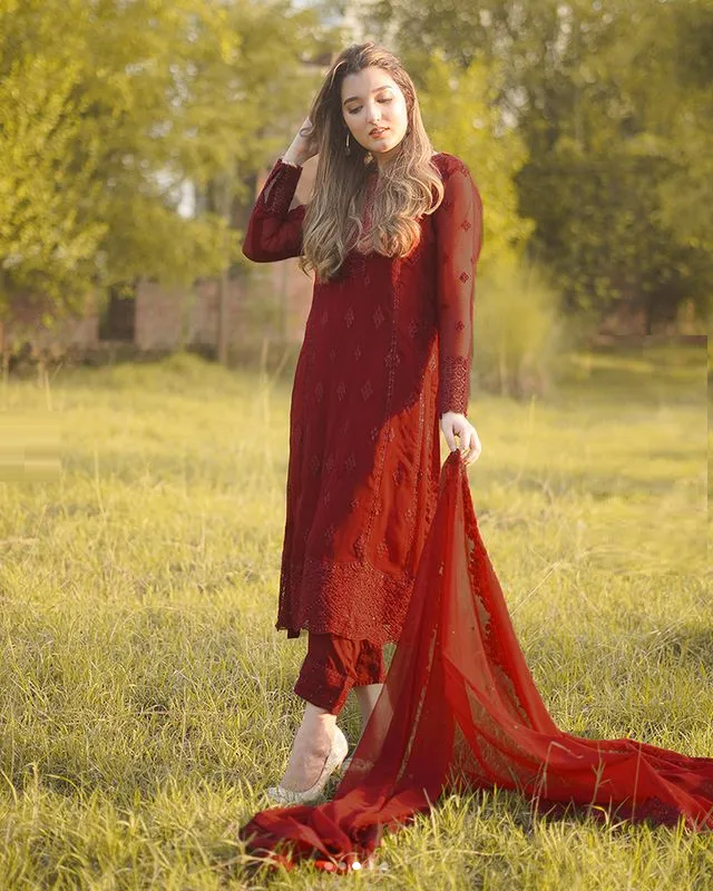 Ensembles By Azure Unstitched 3 Piece Collection 08-Crimson Glow VALENTINE RED