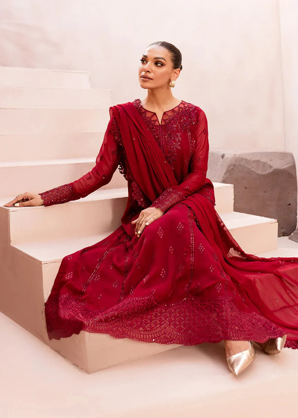 Ensembles By Azure Unstitched 3 Piece Collection 08-Crimson Glow VALENTINE RED