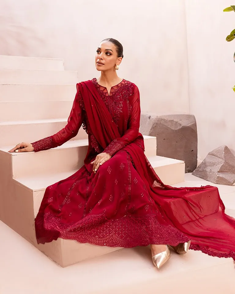Ensembles By Azure Unstitched 3 Piece Collection 08-Crimson Glow VALENTINE RED