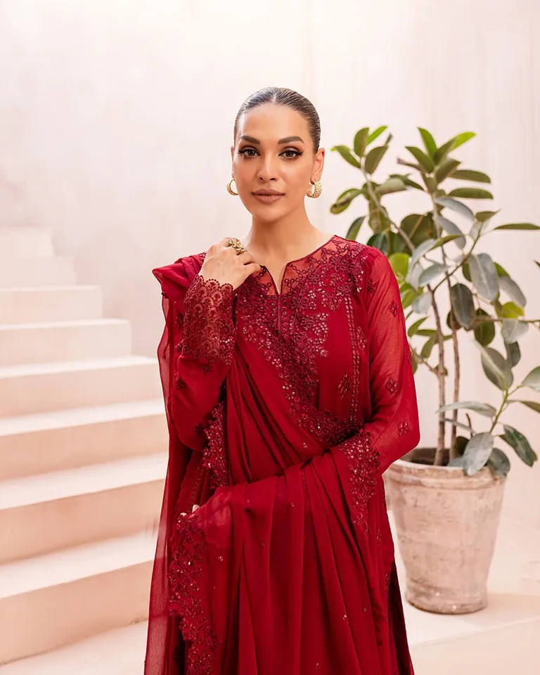 Ensembles By Azure Unstitched 3 Piece Collection 08-Crimson Glow VALENTINE RED