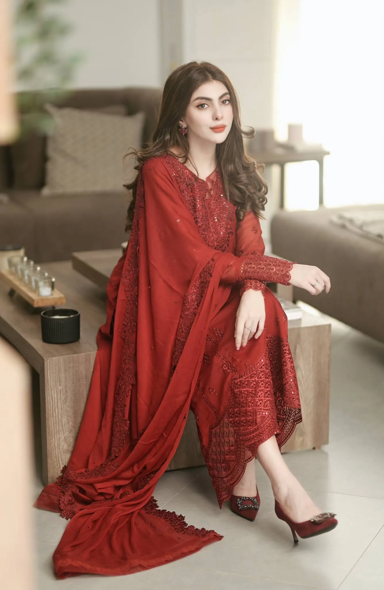 Ensembles By Azure Unstitched 3 Piece Collection 08-Crimson Glow VALENTINE RED
