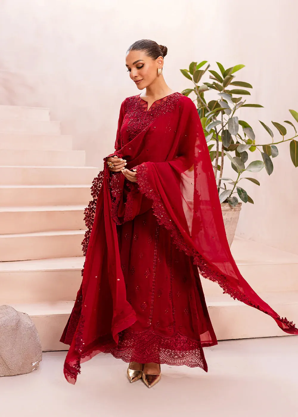 Ensembles By Azure Unstitched 3 Piece Collection 08-Crimson Glow VALENTINE RED