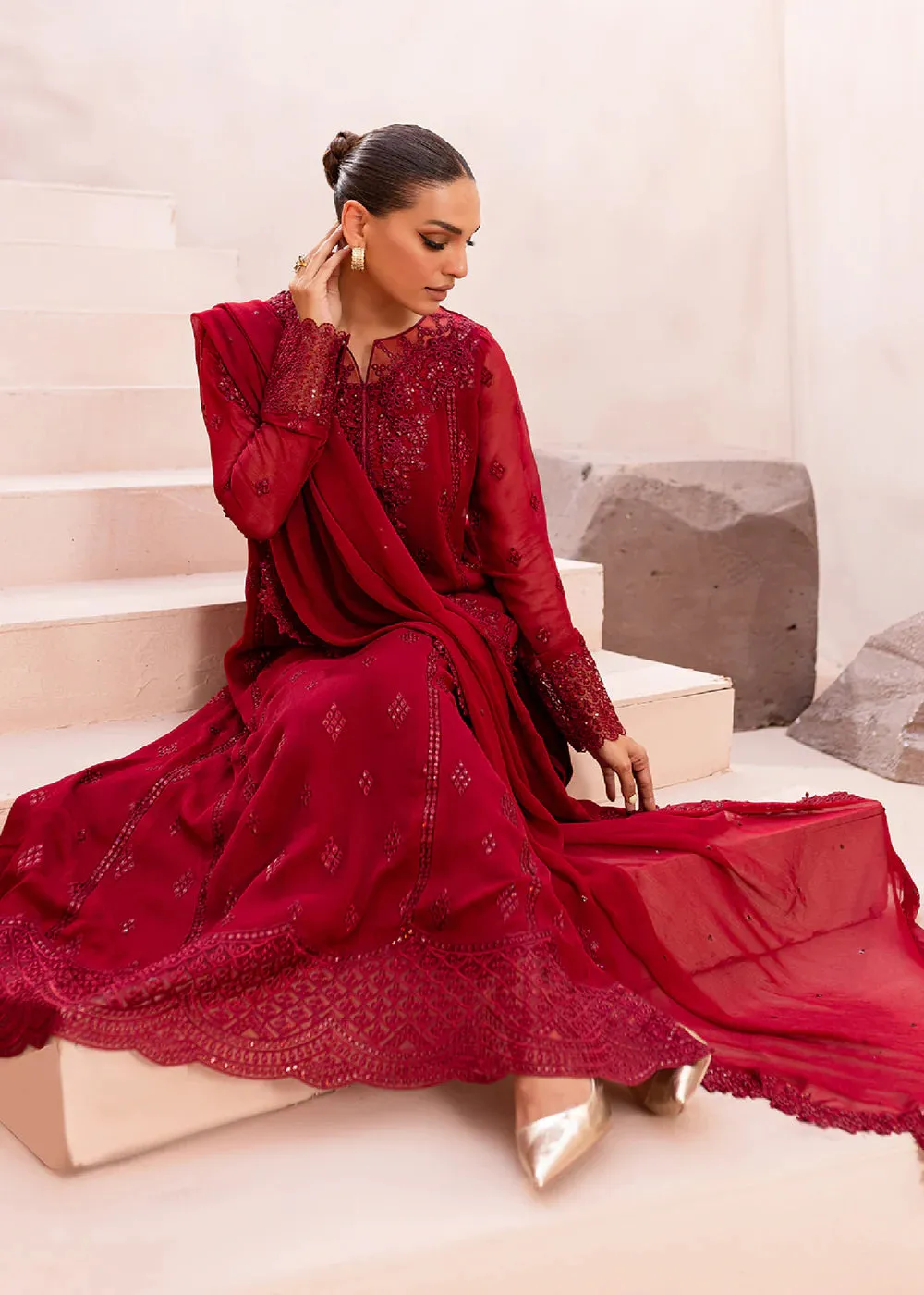 Ensembles By Azure Unstitched 3 Piece Collection 08-Crimson Glow VALENTINE RED