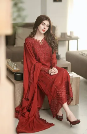 Ensembles By Azure Unstitched 3 Piece Collection 08-Crimson Glow VALENTINE RED