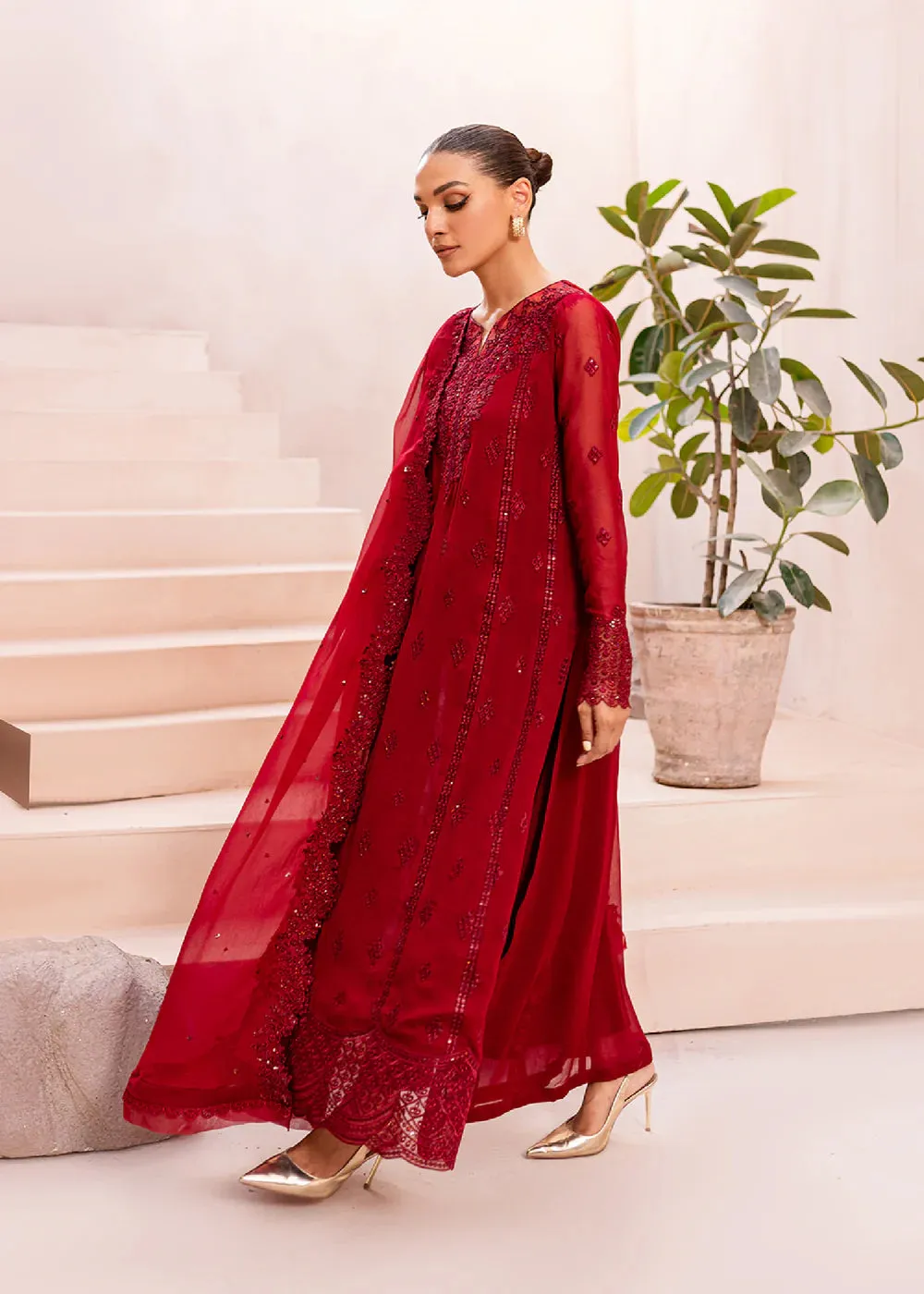 Ensembles By Azure Unstitched 3 Piece Collection 08-Crimson Glow VALENTINE RED