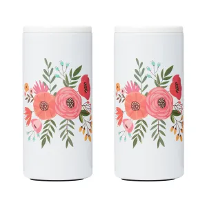 Floral Insulated Slim Can Coolers, White, Set Of 2