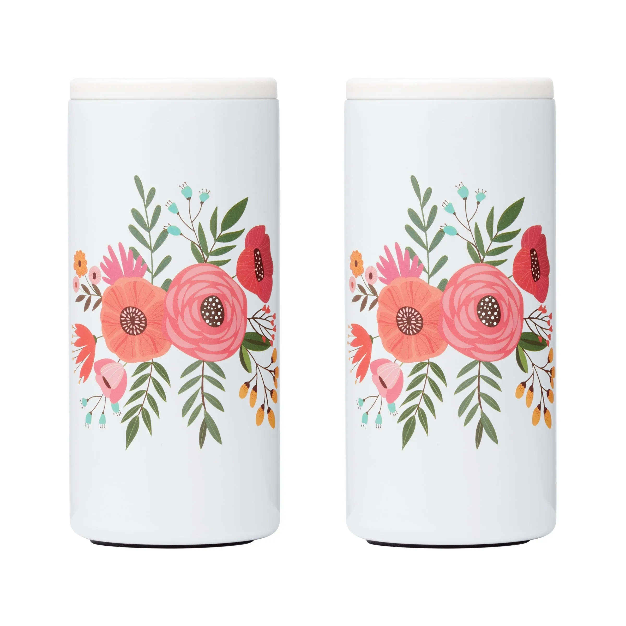 Floral Insulated Slim Can Coolers, White, Set Of 2