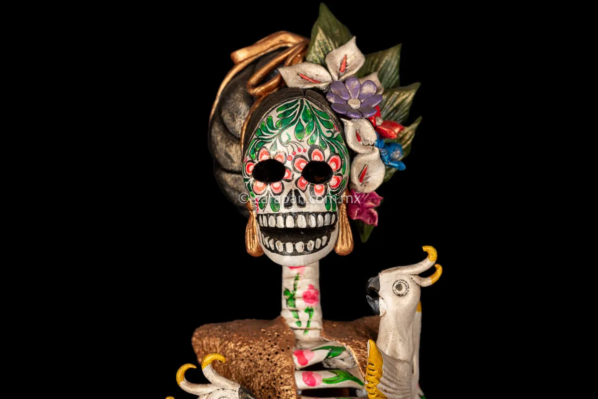 Frida Style Catrina With Parrots Mexican Day of the Dead Sculpture