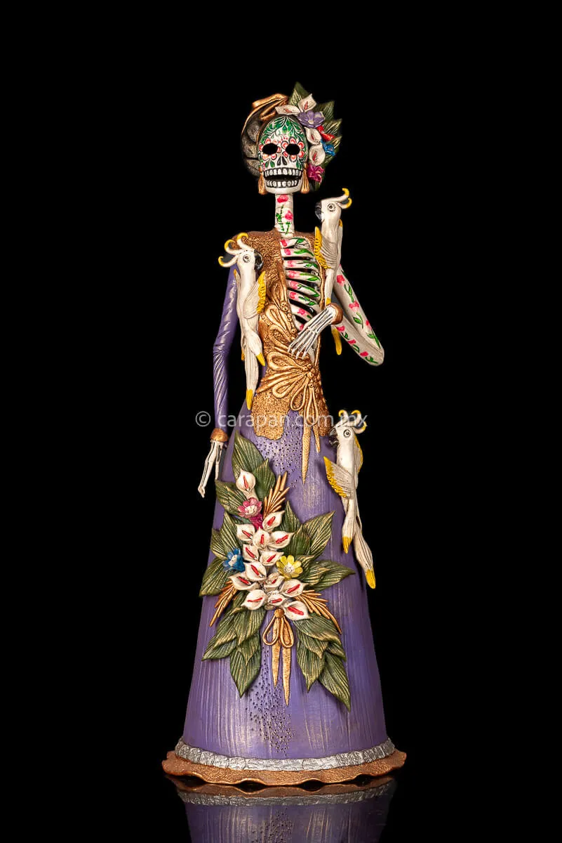 Frida Style Catrina With Parrots Mexican Day of the Dead Sculpture