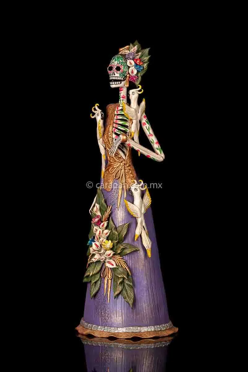 Frida Style Catrina With Parrots Mexican Day of the Dead Sculpture