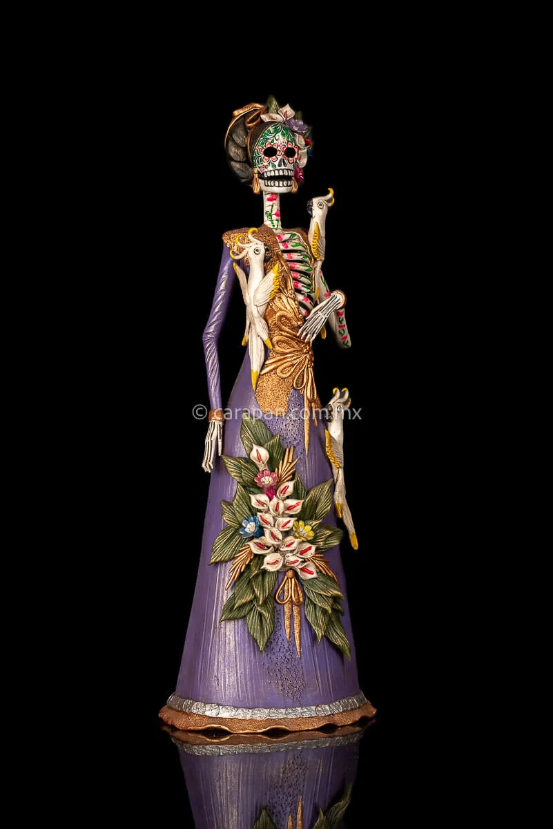 Frida Style Catrina With Parrots Mexican Day of the Dead Sculpture