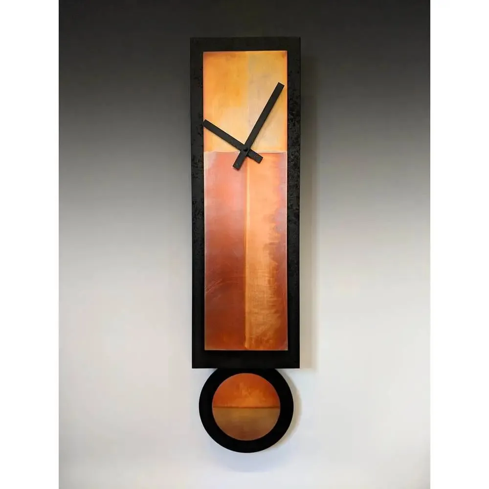 GG Pendulum Wall Clock in Hand-patinated Copper and Black Painted Wood by Leonie Lacouette
