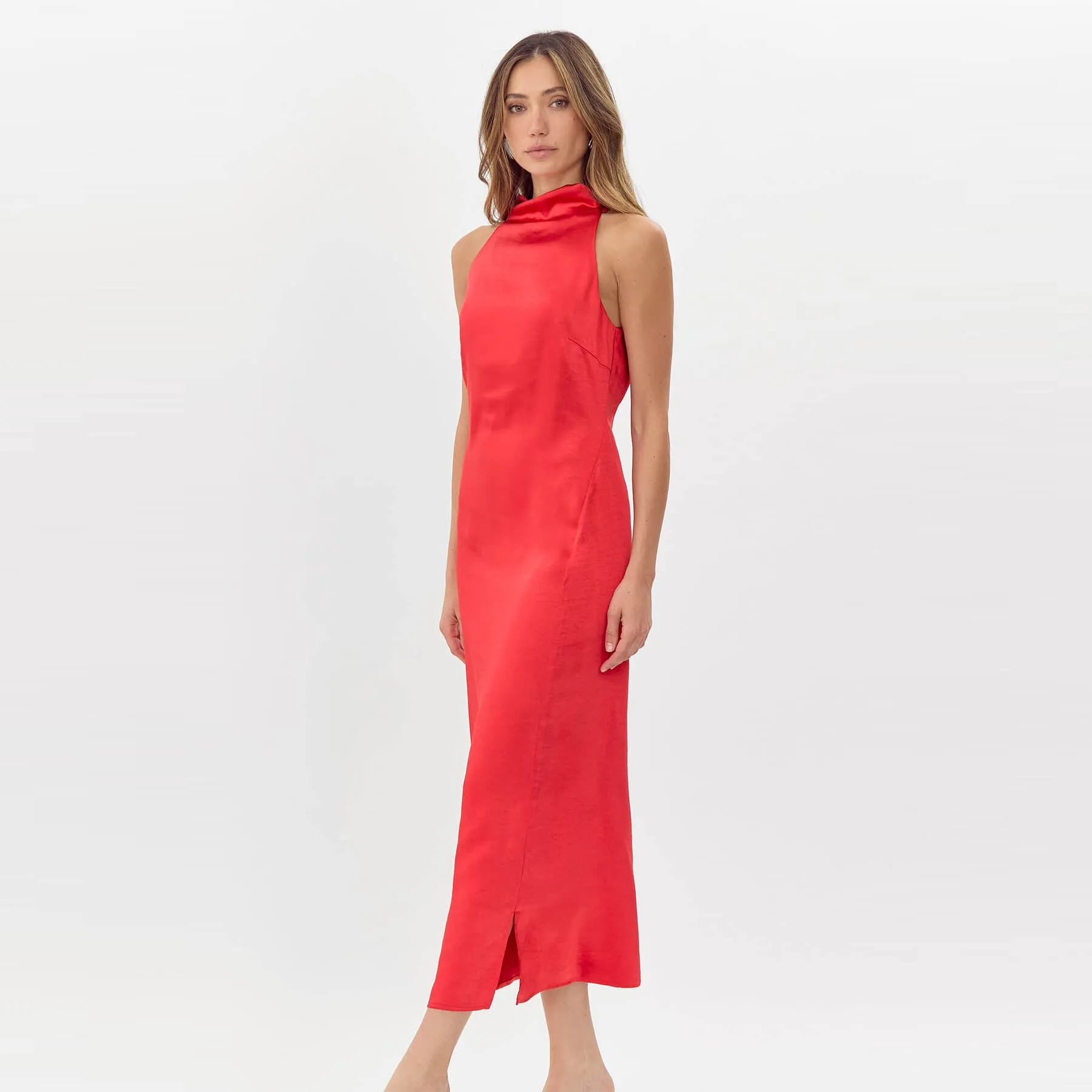 Greylin Brayeln Mock Neck Side Slit Midi Dress - Red