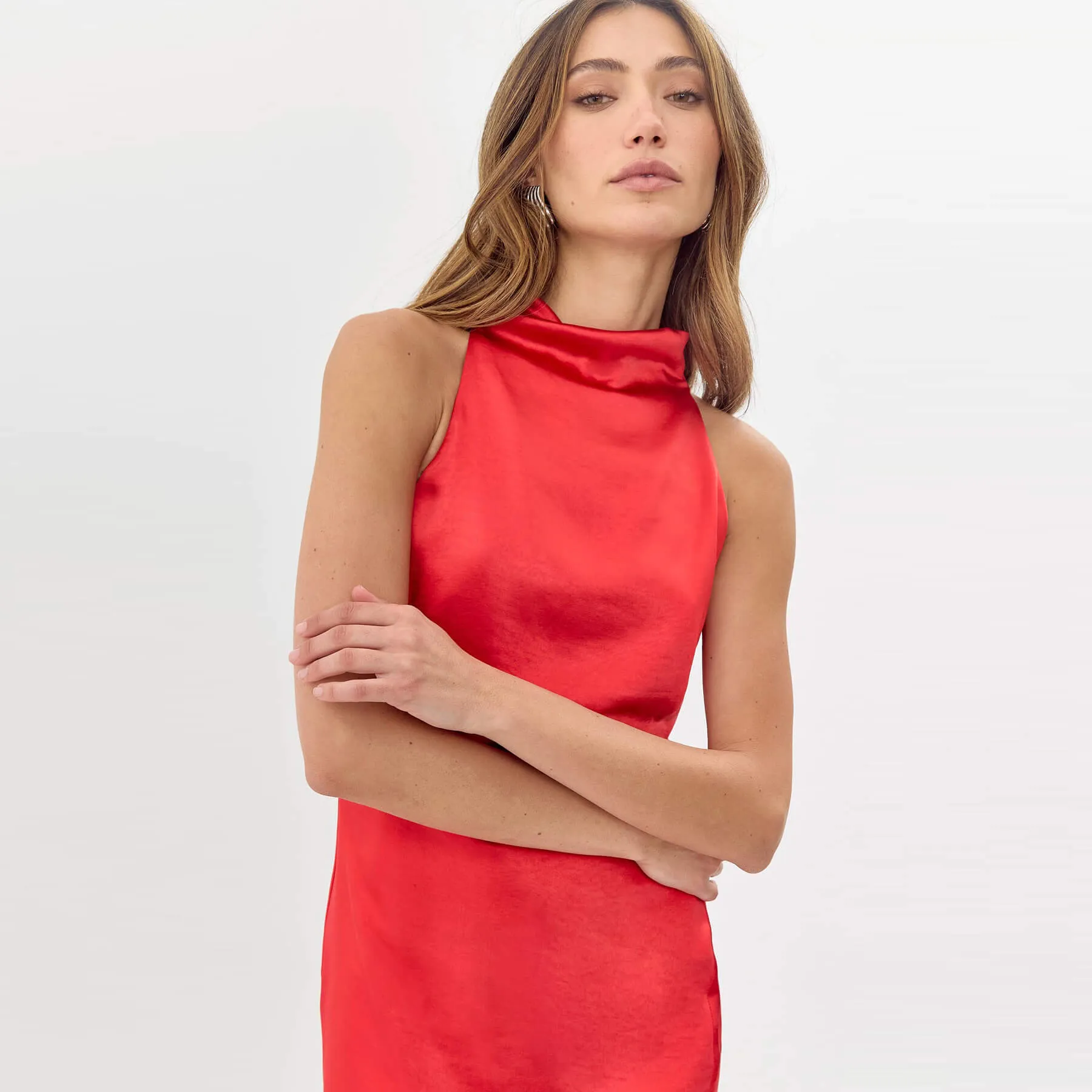 Greylin Brayeln Mock Neck Side Slit Midi Dress - Red