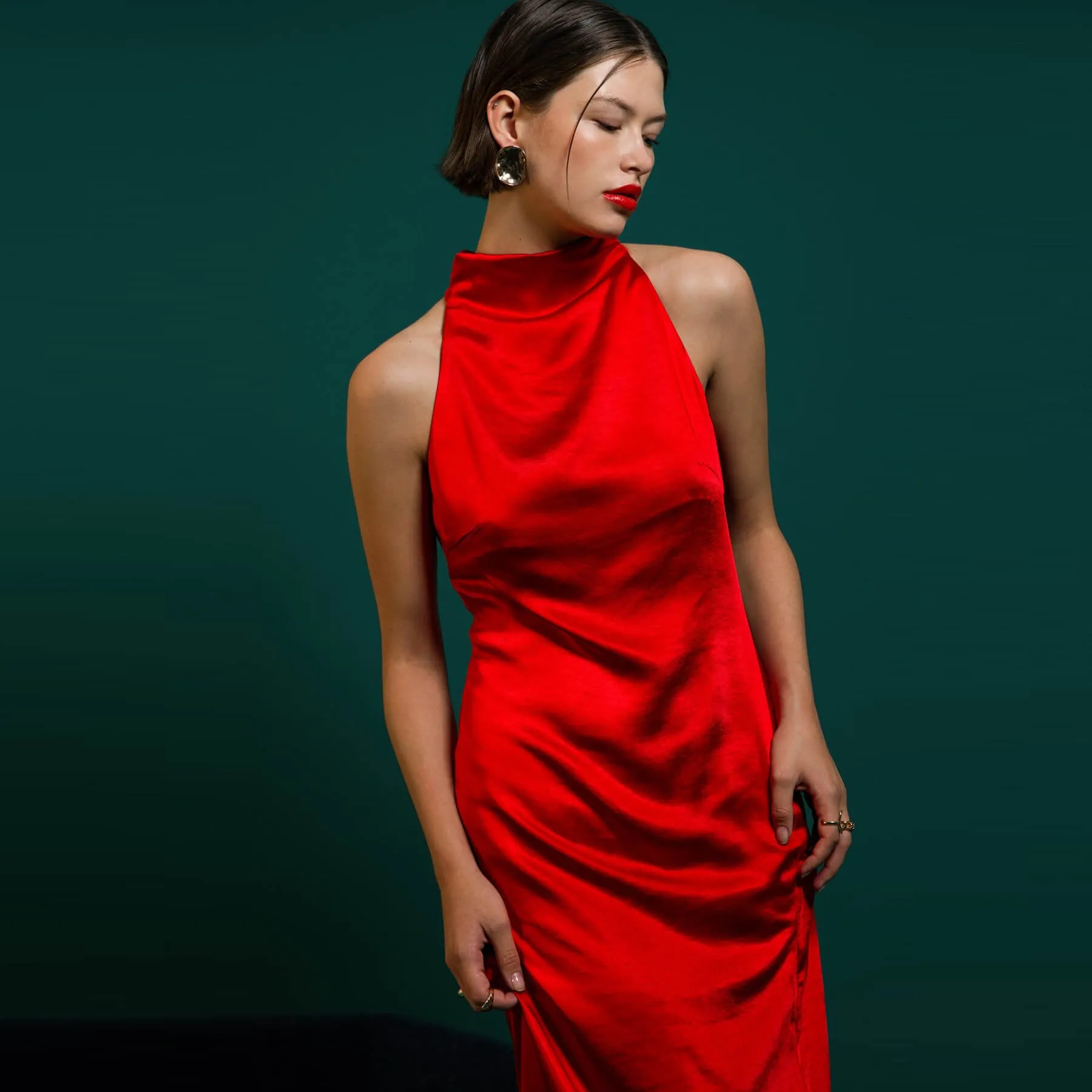 Greylin Brayeln Mock Neck Side Slit Midi Dress - Red