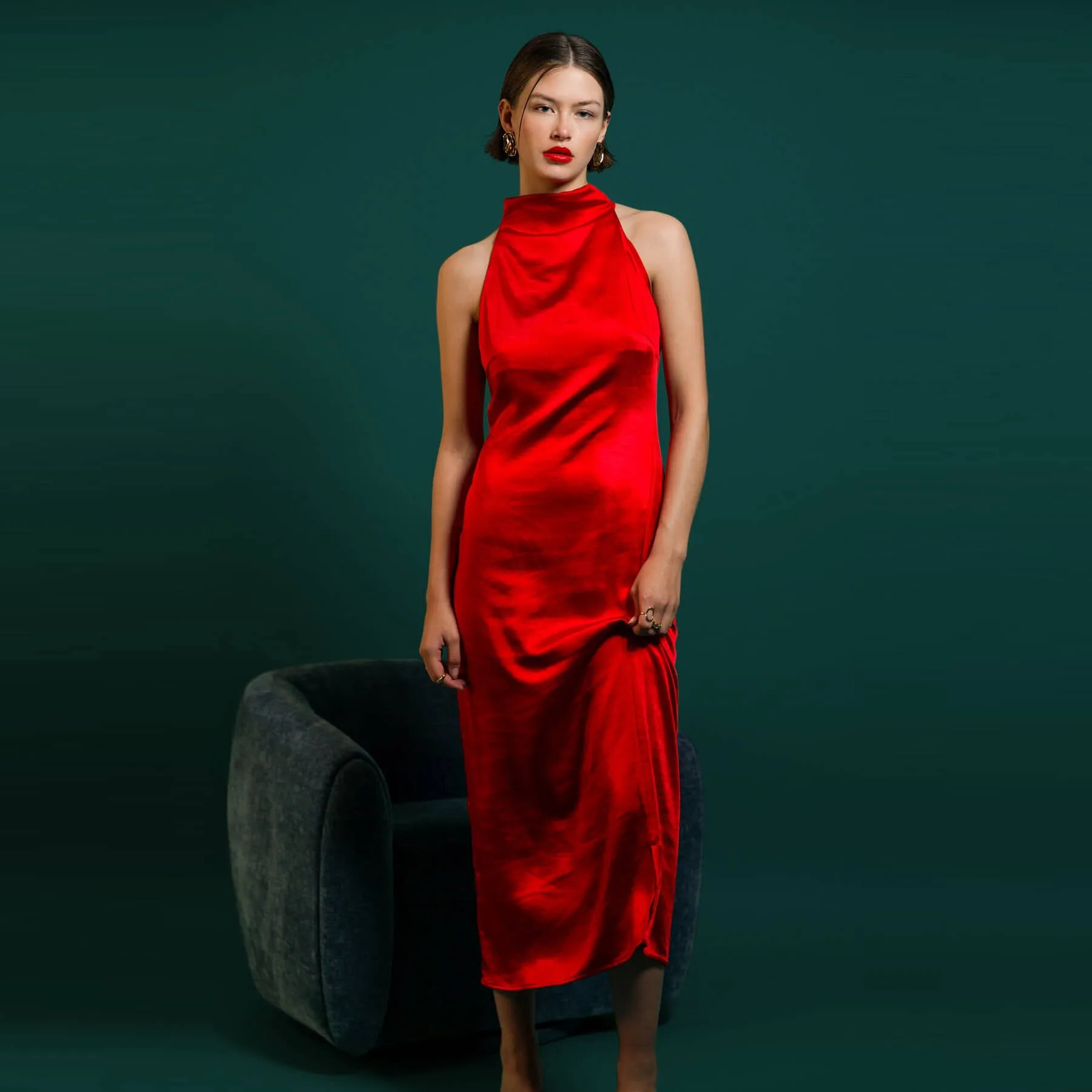 Greylin Brayeln Mock Neck Side Slit Midi Dress - Red