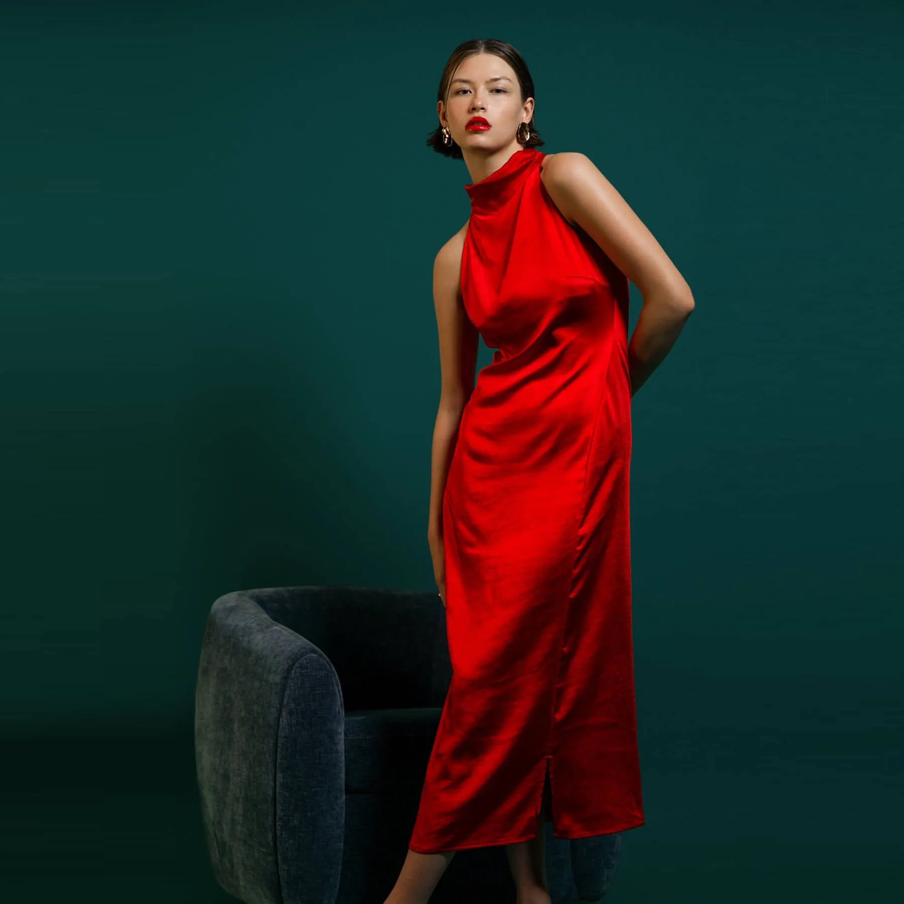 Greylin Brayeln Mock Neck Side Slit Midi Dress - Red