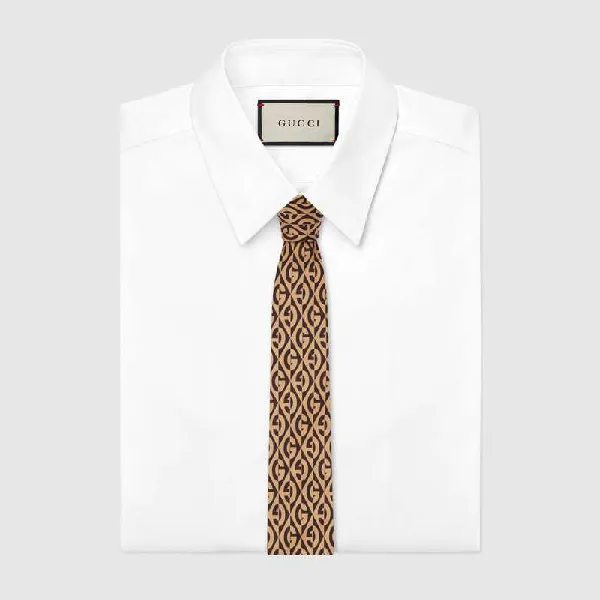Gucci GG Rhombus Print Silk Tie In Brown