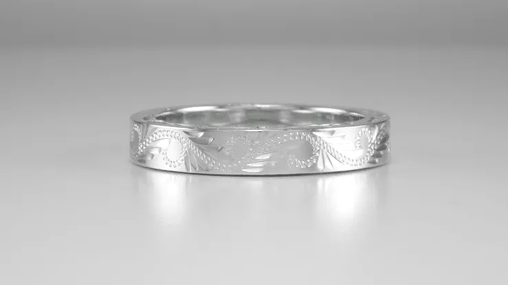 Hand Carved Scrolls & Leaves Vintage Design Wedding Band in White Gold  - Western Engraved - 5mm