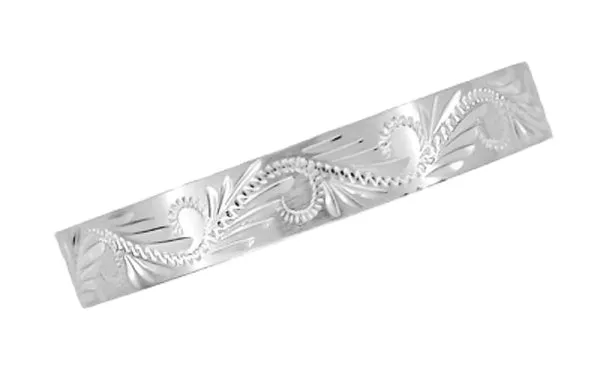 Hand Carved Scrolls & Leaves Vintage Design Wedding Band in White Gold  - Western Engraved - 5mm