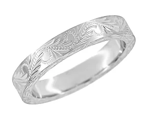 Hand Carved Scrolls & Leaves Vintage Design Wedding Band in White Gold  - Western Engraved - 5mm
