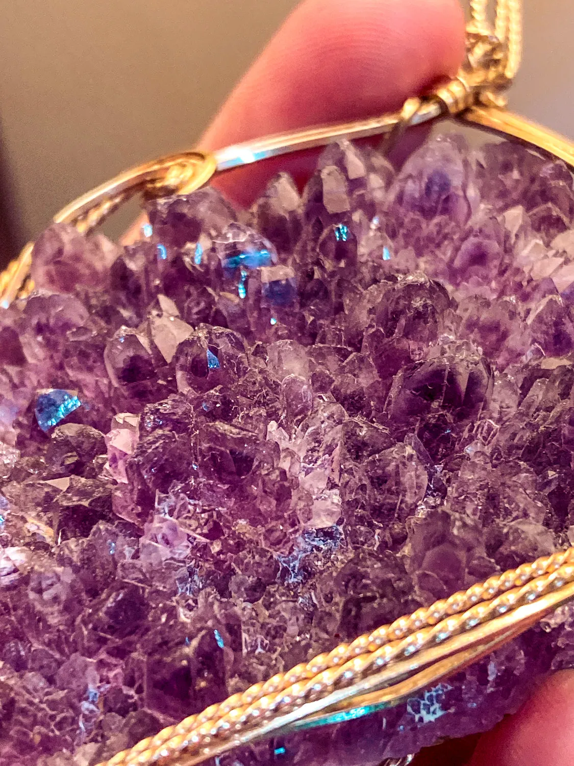 Hand Crafted Gold Filled Wire Wrapped Natural Amethyst Crystal Pendant