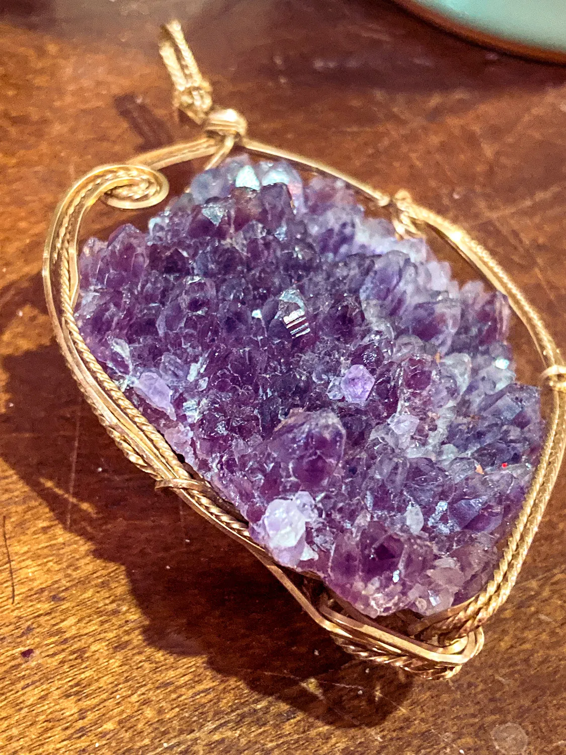 Hand Crafted Gold Filled Wire Wrapped Natural Amethyst Crystal Pendant