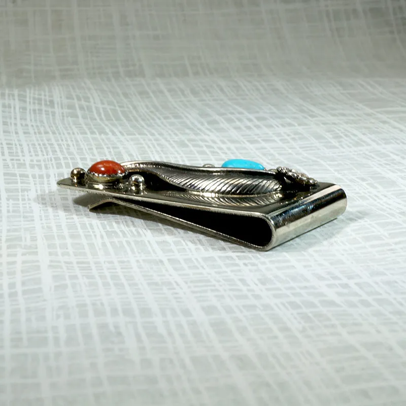 Handmade Sterling Money Clip with Coral & Turquoise