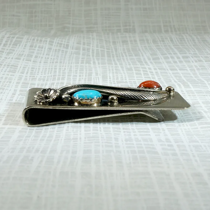 Handmade Sterling Money Clip with Coral & Turquoise