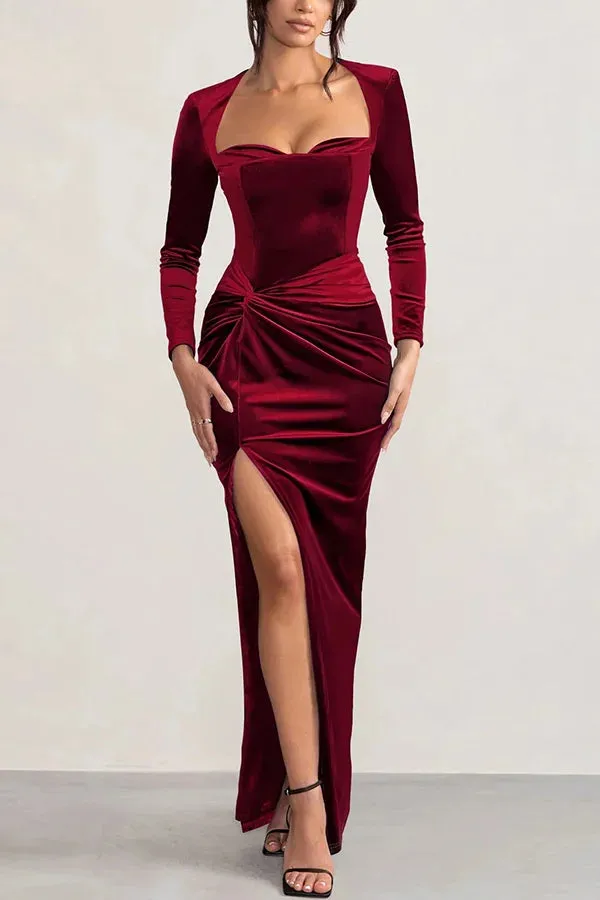 Hollywood Glamor Velvet Plunge Neck Long Sleeve Twisted Slit Stretch Maxi Dress