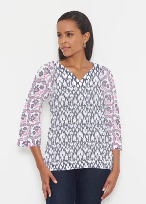 Ikat Lattice Pink (7975) ~ Banded 3/4 Bell-Sleeve V-Neck Tunic
