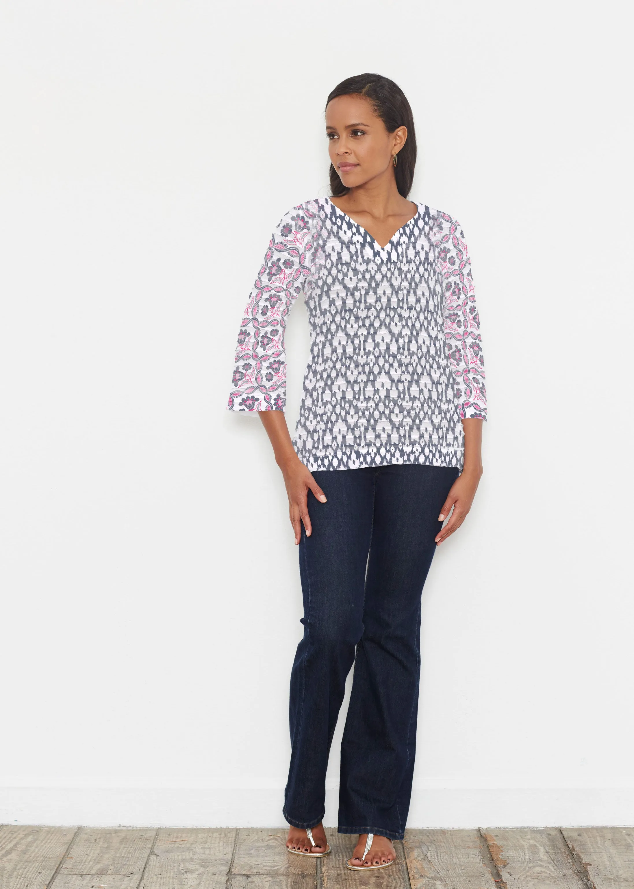 Ikat Lattice Pink (7975) ~ Banded 3/4 Bell-Sleeve V-Neck Tunic
