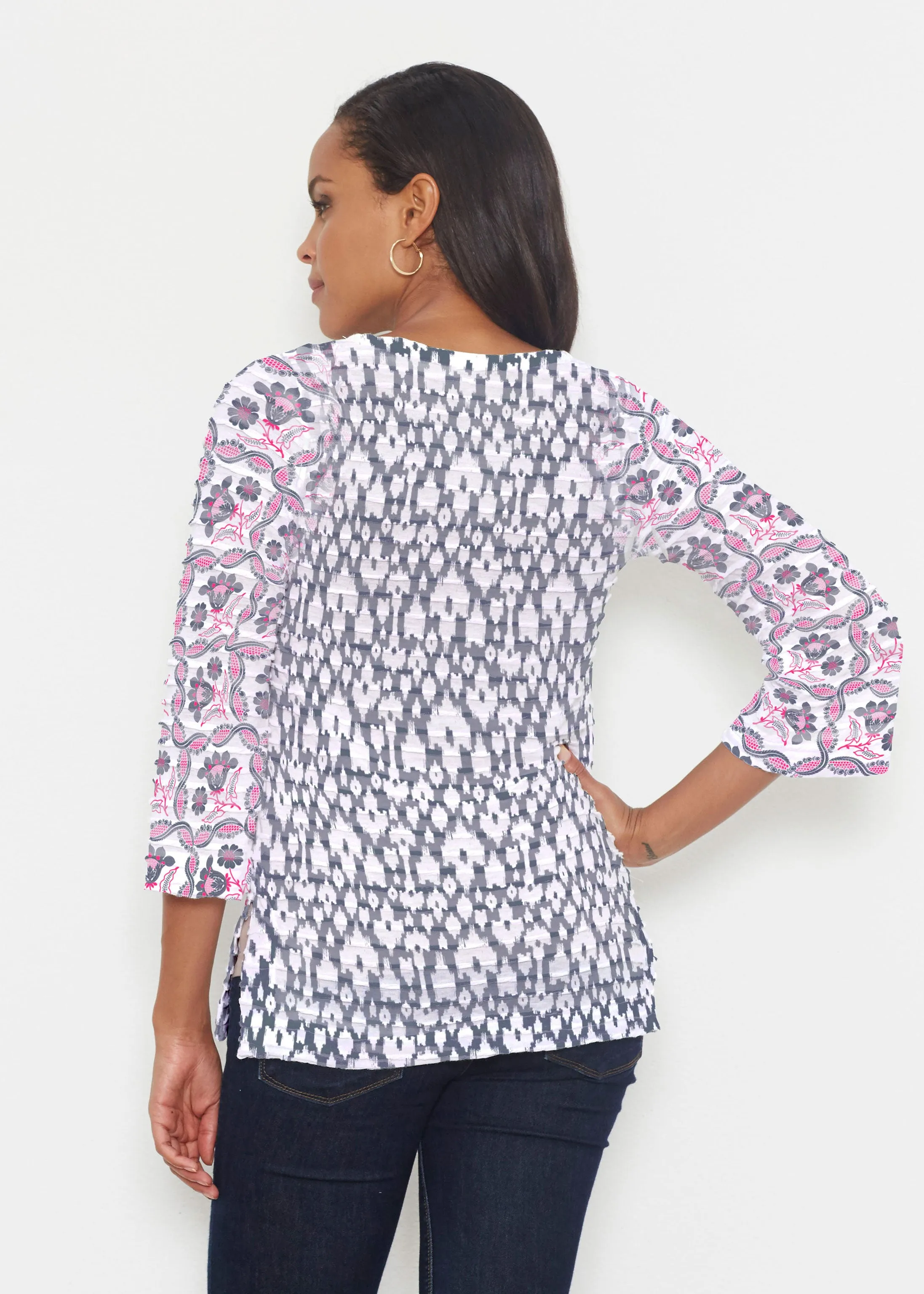 Ikat Lattice Pink (7975) ~ Banded 3/4 Bell-Sleeve V-Neck Tunic