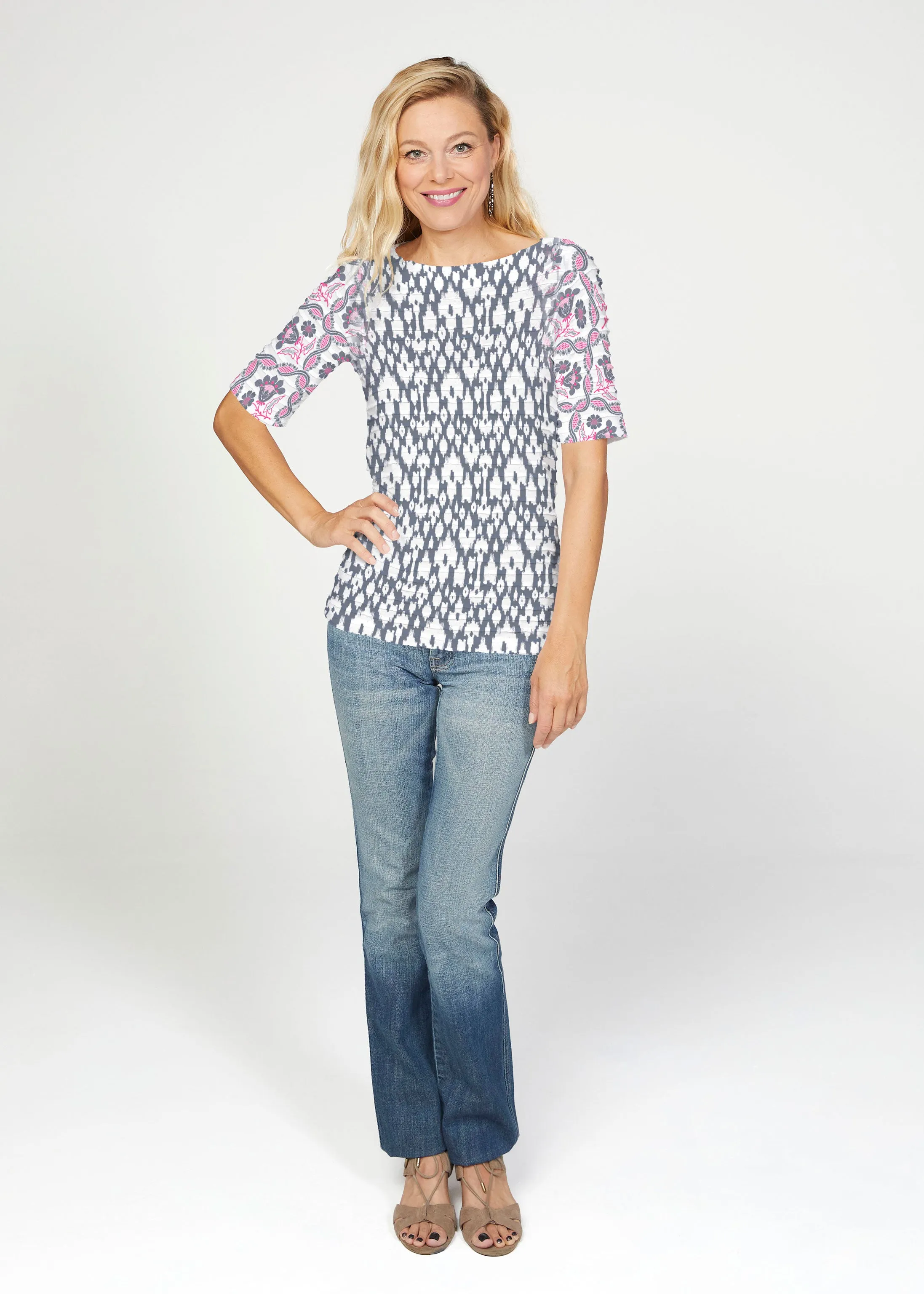 Ikat Lattice Pink (7975) ~ Banded Elbow Sleeve Boat Neck Top