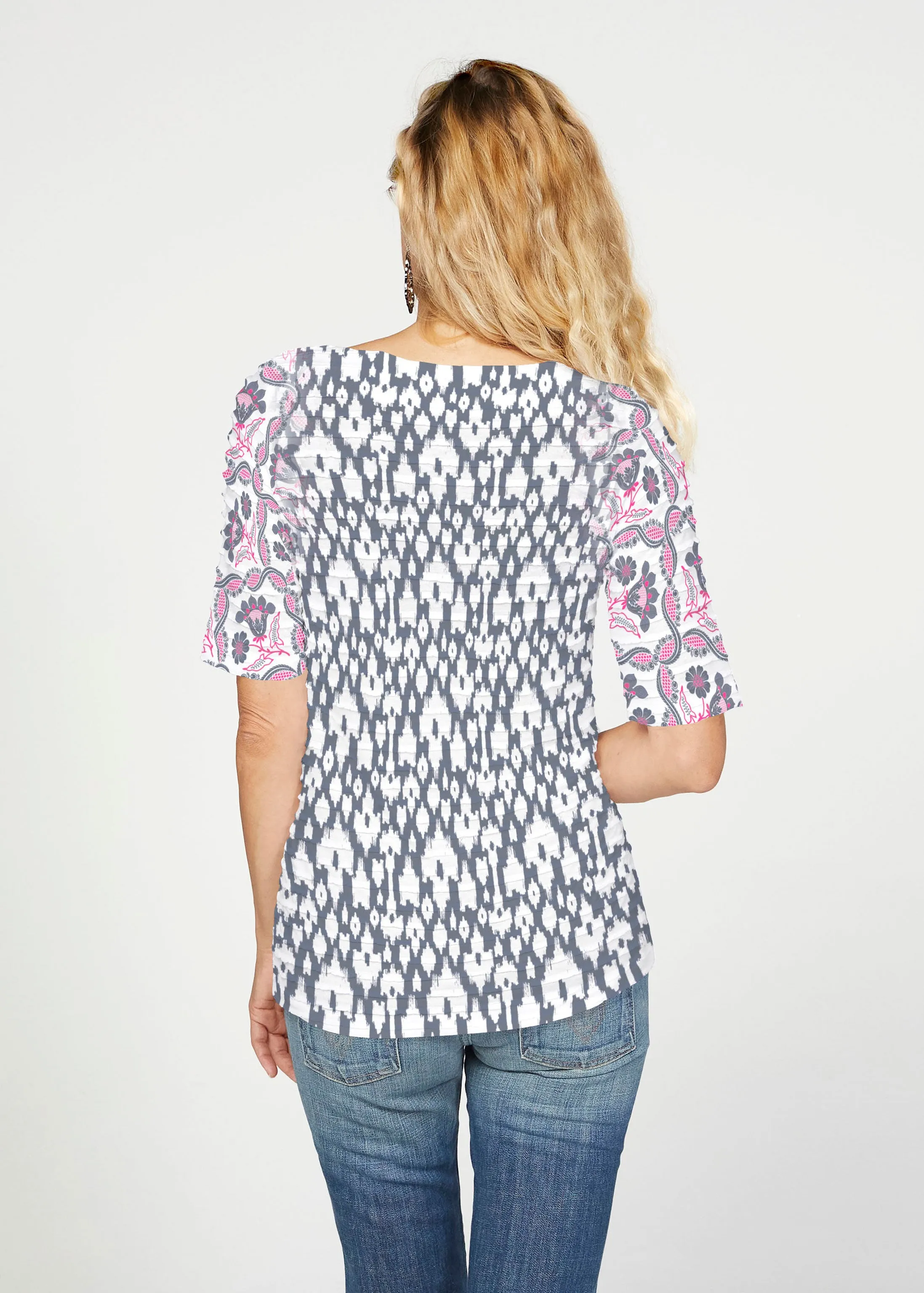 Ikat Lattice Pink (7975) ~ Banded Elbow Sleeve Boat Neck Top