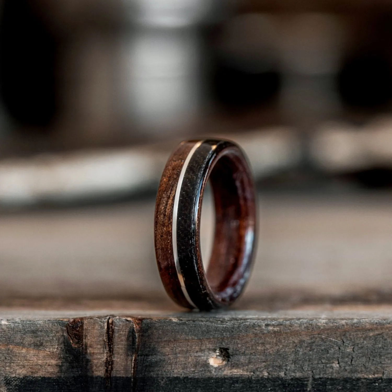 (In-Stock) The World War | Rifle Stock Wood Wedding Band with WWI Uniform & Sterling Silver Inlay - Size 4.75 | 6mm Wide