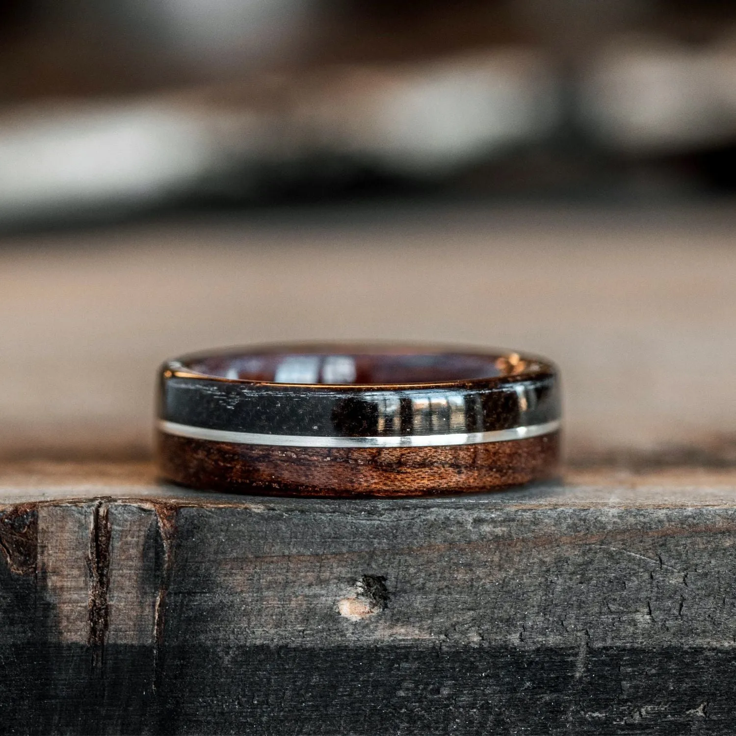 (In-Stock) The World War | Rifle Stock Wood Wedding Band with WWI Uniform & Sterling Silver Inlay - Size 4.75 | 6mm Wide