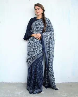 Indigo Garden Hand Blockprinted Cotton Saree