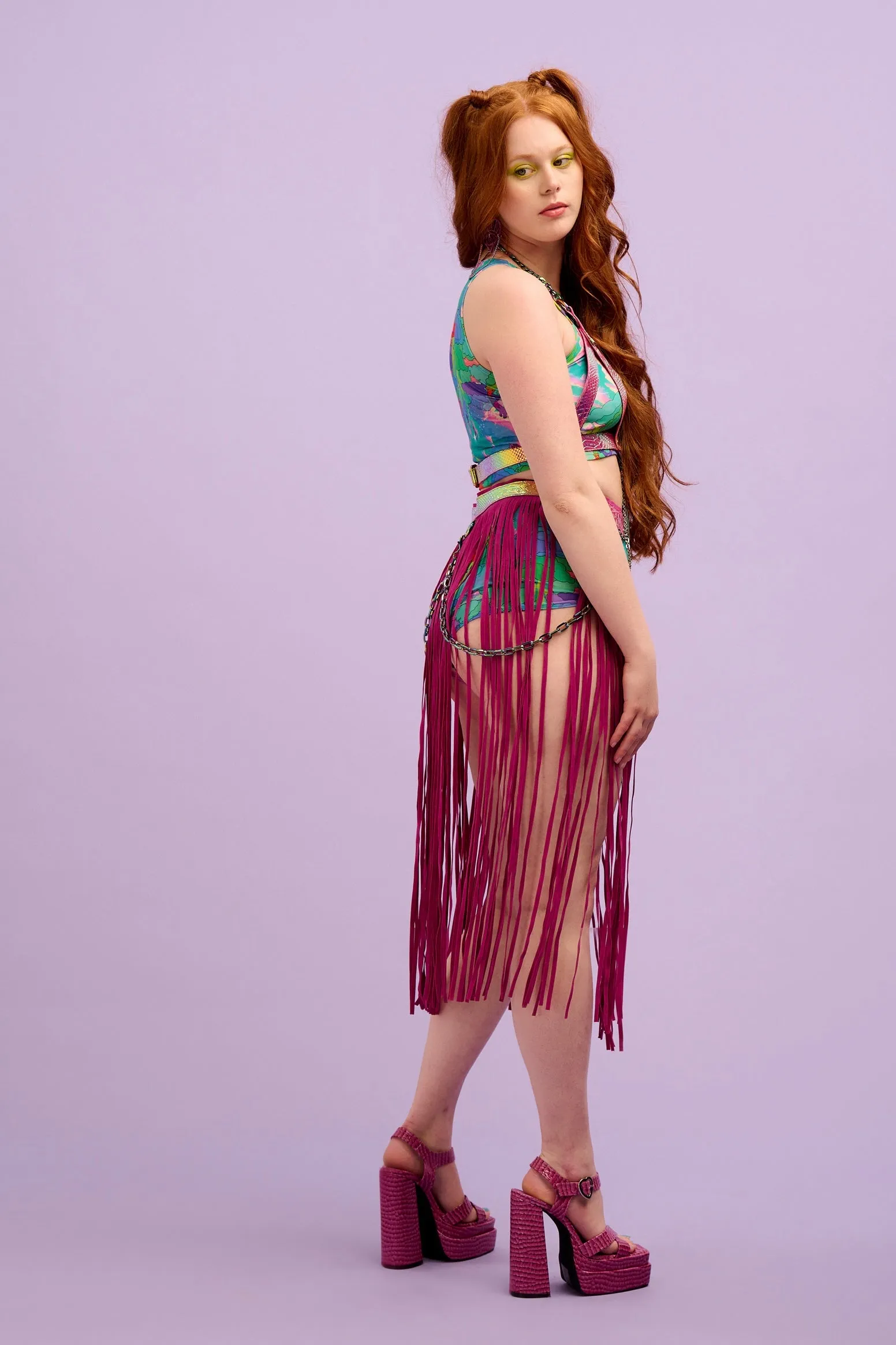 Intergalactic Rodeo Faux Suede Fuchsia Fringe Chain Belt