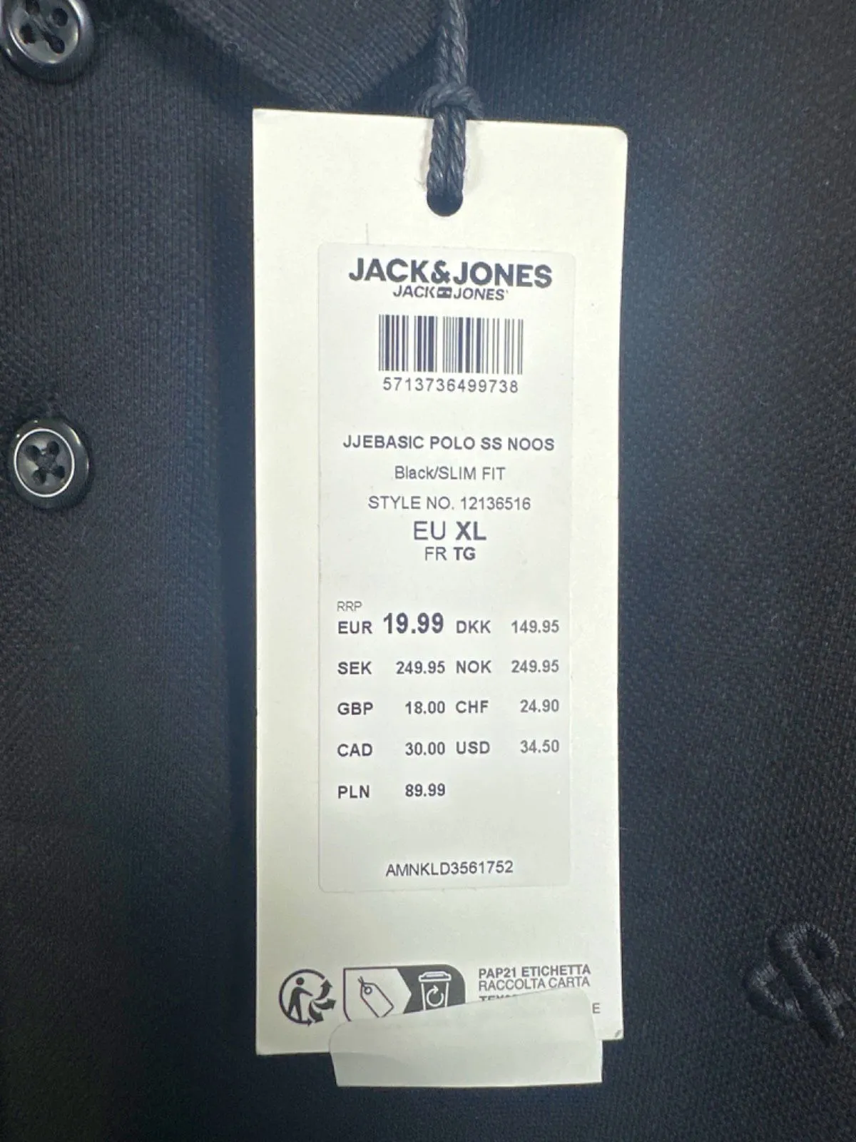 Jack & Jones Black Essentials Polo Shirt Slim Fit UK XL